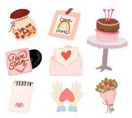 cute set collection of valentines doodle element ornament hand drawn watercolor crayon clipart digital sticker romantic heart love