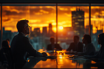 An office hierarchy scene showing a manager giving instructions to team leads, symbolizing corporate structure. Bright lighting, contrast