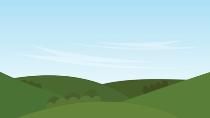 green hill with bush and blue sky background. nature cartoon landscape scene