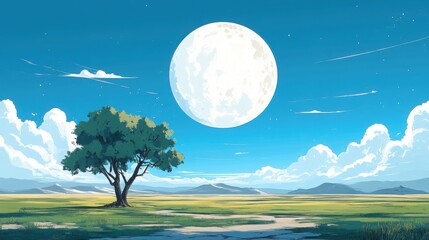 Fototapeta premium Full Moon Over Peaceful Landscape with Tree and Sky, artistic Generated AI