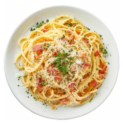 A savory plate of spaghetti carbonara with crispy pancetta and grated Parmesan, isolated white background, hyperrealism art style