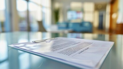 Naklejka premium Corporate policy document on a sleek glass desk in a modern office setting, symbolizing professionalism and business clarity. Professional workplace and corporate governance concepts.