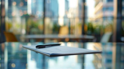 Corporate policy document on a sleek glass desk in a modern office setting, symbolizing professionalism and business clarity. Professional workplace and corporate governance concepts.