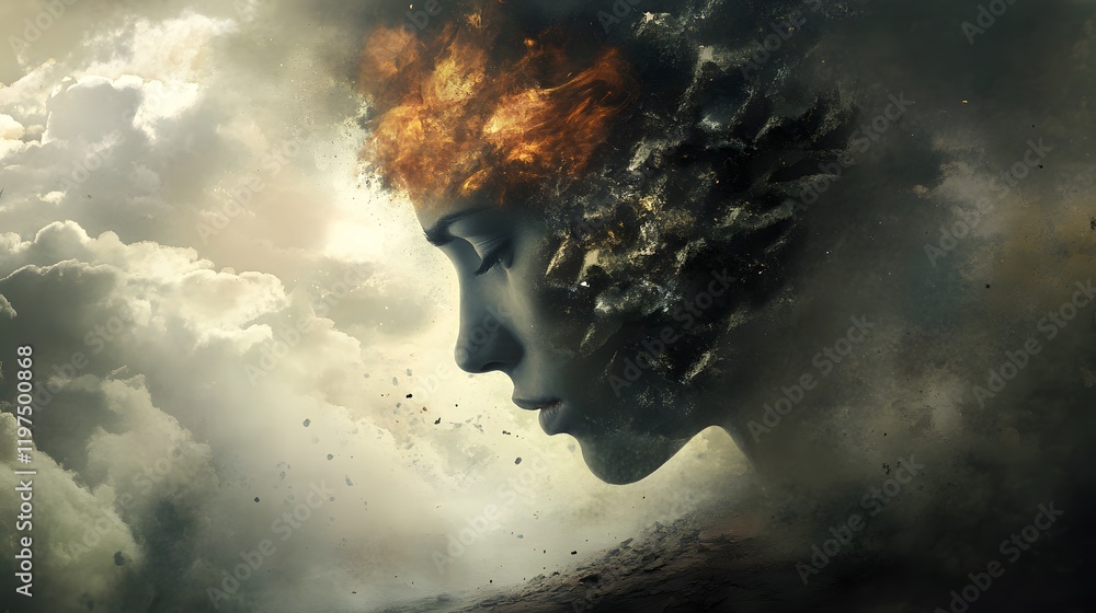 Poster surreal portrait of a woman with fiery elements and abstract clouds, symbolizing transformation and 