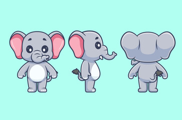 Cute Elephant With Front, Side And Back View Cartoon Vector Icon Illustration. Animal Nature Icon Concept Isolated Premium Vector. Flat Cartoon Style