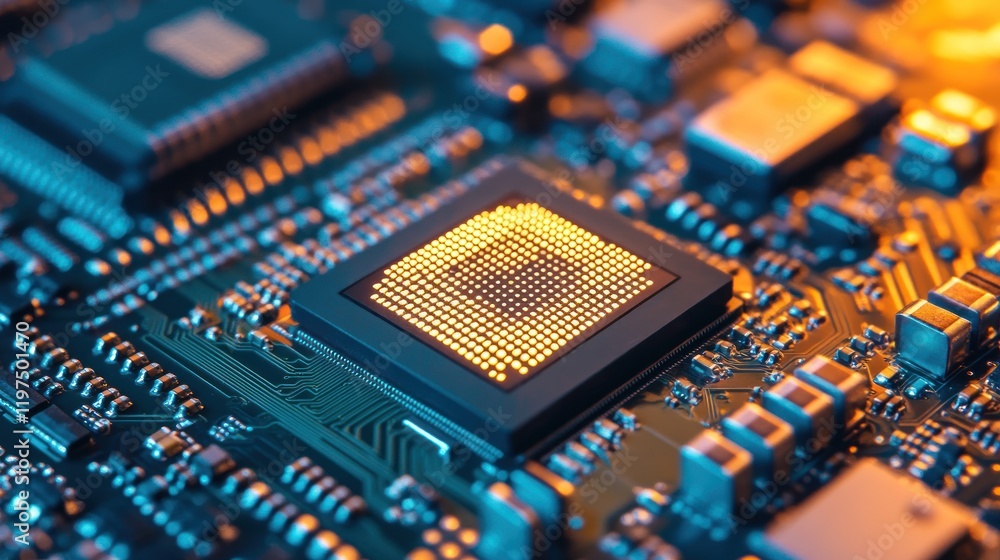 Poster close-up view of a circuit board with a cpu, showcasing intricate electronic components and a glowin
