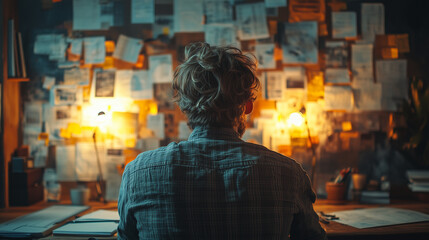 Obraz premium A young entrepreneur working alone in a minimalist office, surrounded by startup project plans. Bright lighting, contrast