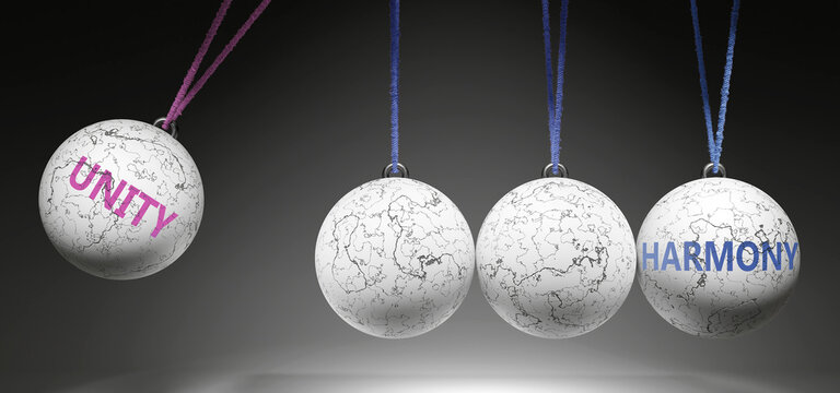 Unity and Harmony - cause and effect relationship. A Newton cradle metaphor showing how unity results in harmony. It initiates harmony. ,3d illustration
