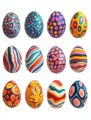 Cartoon colorful easter eggs with patterns isolated on white background