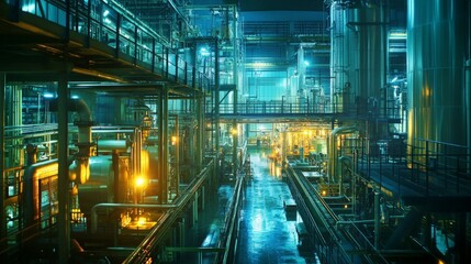 Industrial Factory Interior with Pipes and Bright Lighting Effects