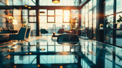 Corporate policy document on a sleek glass desk in a modern office setting, symbolizing professionalism and business clarity. Professional workplace and corporate governance concepts.