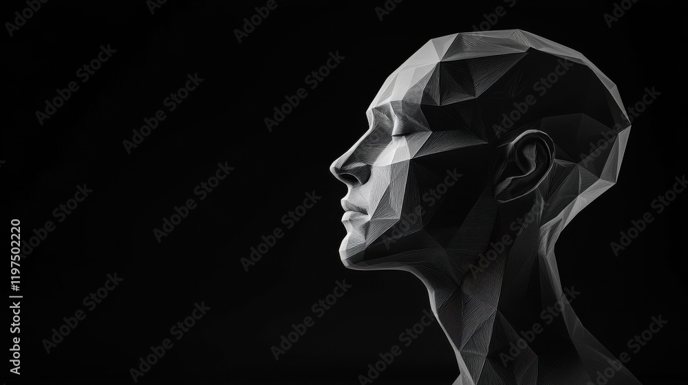 Poster abstract polygonal head outline on dark backdrop with mock up place. ai and human mind concept. 3d r