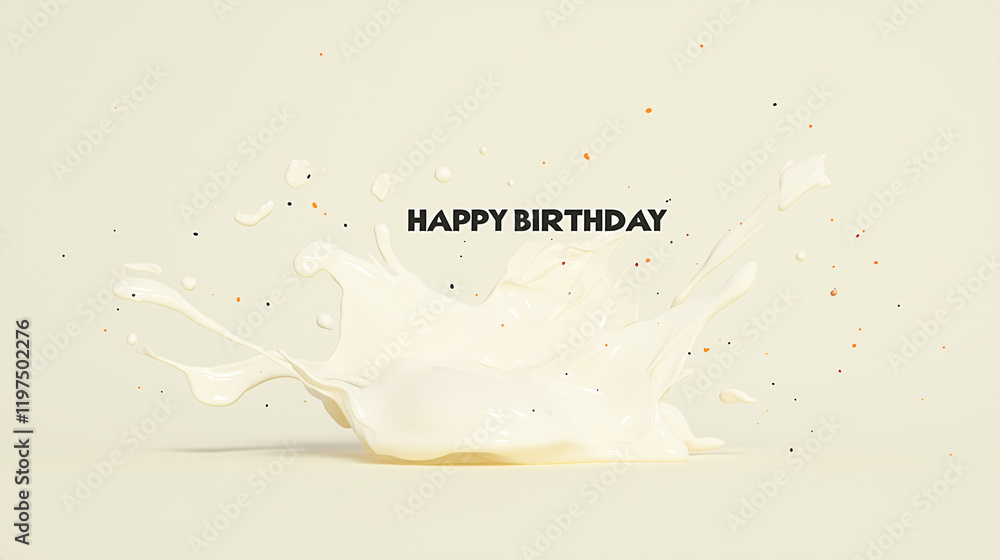 Poster creamy birthday splash: a dynamic splash of creamy liquid explodes across the frame, adorned with th