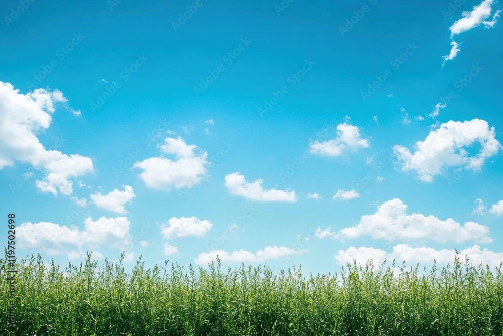 Poster Vast green field under a clear blue sky with white clouds creating a serene and peaceful atmosphere. Generative AI