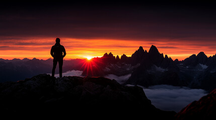 Obraz premium Majestic view of a sea of clouds blanketing mountain peaks during sunrise, vibrant orange and purple hues filling the sky, with rays of light piercing through the misty atmosphere