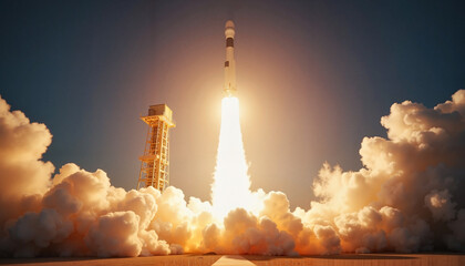 Rocket launching into the sky at space center, exploration and innovation