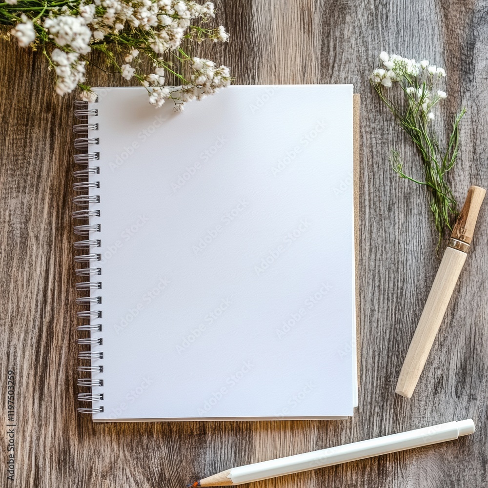 Aufkleber blank notebook on wooden table with flowers and stationery ready for text or creative work in natura