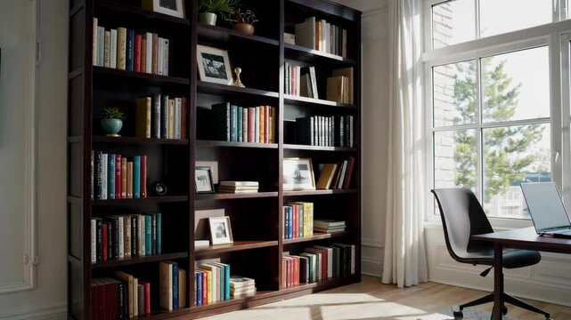 well-lit office room with a stylish bookcase