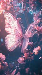 A colorful butterfly with bright wings rests on a red flower in the water, a beautiful insect in nature's summer garden