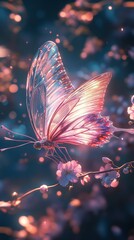 A colorful butterfly with bright wings rests on a red flower in the water, a beautiful insect in nature's summer garden