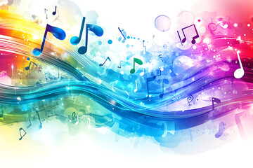 Vibrant watercolor music notes background, perfect for album art, websites, and presentations.  Abstract design with flowing waves and colorful splashes.