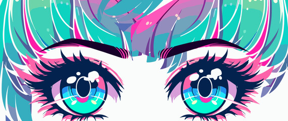 Sparkling blue and green bright anime eyes with pink shadows isolated on light colored background. Stylish cartoon illustration in manga comic book style for printing on t-shirts and clothing. 