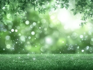 Obraz premium Lush green grass and sparkling bokeh with leafy canopy