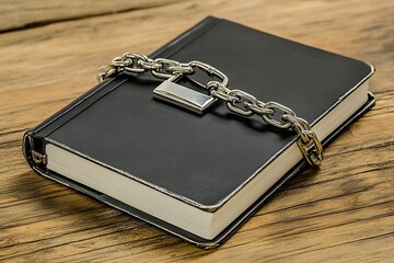 A black and silver open-faced loose-leaf paper notebook, locked with chains on the front cover