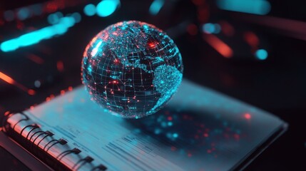 Close up of notebook with abstract globe sphere with coding and polygonal network. Future, technology and digital world concept. Double exposure