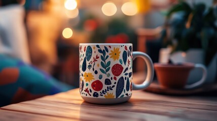 Fototapeta premium Custom-designed ceramic mug featuring vibrant hand-drawn patterns in a cozy creative workspace setting