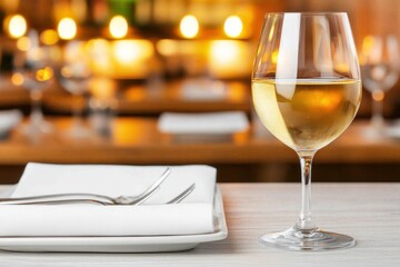 A glass of white wine beside a neatly set table with cutlery and a folded napkin, complemented by a softly lit background.