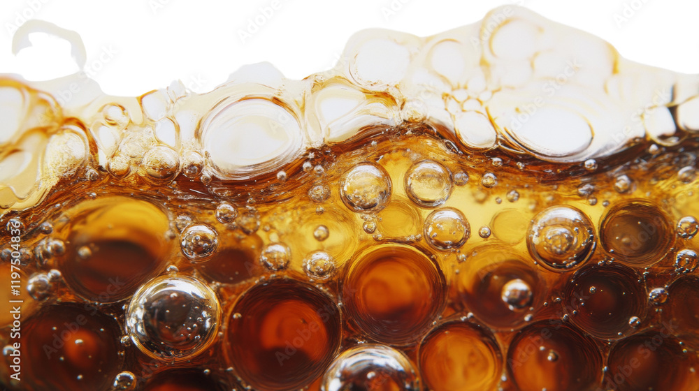 Aufkleber A close-up macro photograph reveals the abstract texture of an amber liquid filled with numerous bubbles, creating a visually stunning pattern.