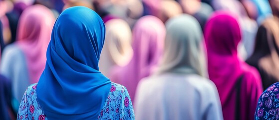 Woman in Blue Hijab Among Crowd Back View
