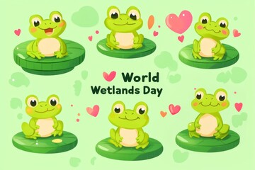 Obraz premium Cute cartoon frogs celebrating world wetlands day with hearts and lily pads