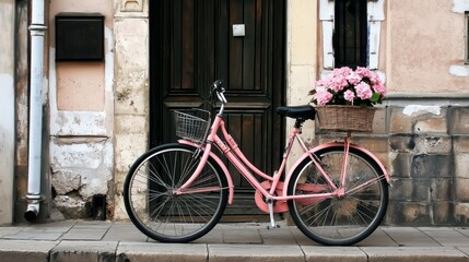 Fototapeta premium Pink bicycle with basket of flowers against vintage building