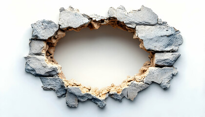 Broken stone wall hole, white background, mockup