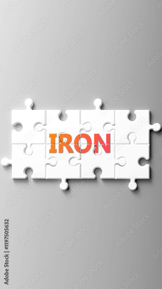 Poster iron complex like a puzzle - pictured as word iron on a puzzle pieces to show that iron is complex a