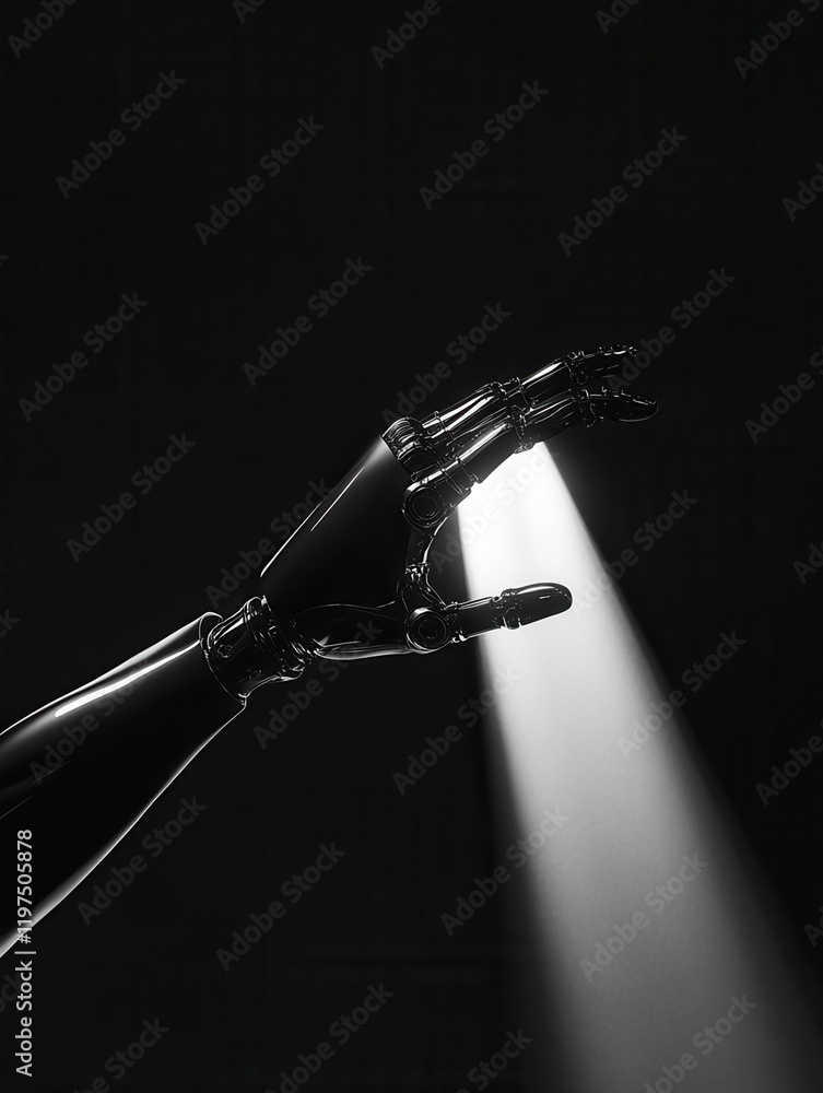 Poster artificial intelligence, future technology and business concept - robot and human hand with flash li