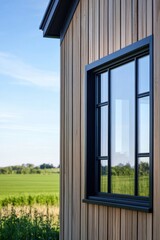 Fototapeta premium Contemporary wooden cabin window offering a stunning view of the open green fields under a clear blue sky during daytime in a serene landscape