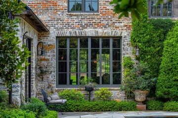 An elegant brick house features expansive windows that invite in natural light, surrounded by vibrant greenery and a cozy patio perfect for afternoon relaxation in the warm sunlight