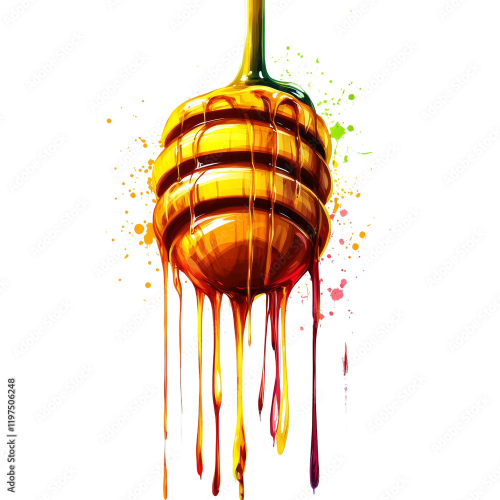 Poster A stylized image of a honey dipper with honey dripping down against a black background with colorful paint splashes.