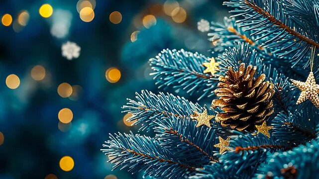 Pine branch dusted snow night.Cone rests evergreen starry sky.Winter scene glows festive lights.Holiday atmosphere envelopes snowy landscape.Evening brings magic forest.Seasonal decor accents natural