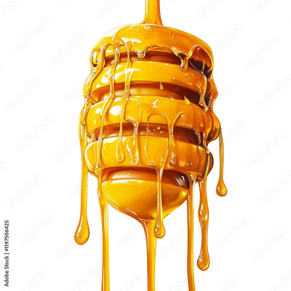 Poster A digital rendering shows honey dripping from a honey dipper, highlighting its golden color and viscous texture.