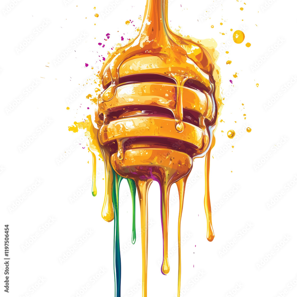 Poster a stylized image of honey dripping from a honeycomb dipper with vibrant color splashes.