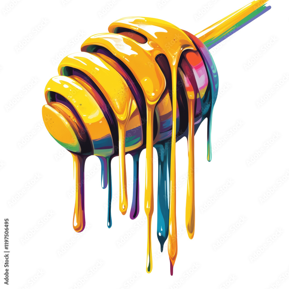 Poster a stylized illustration of a honey dipper with colorful honey dripping down, creating a vibrant and 
