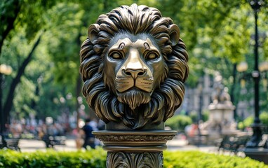 Fototapeta premium Majestic Bronze Lion Head Statue in Park Setting