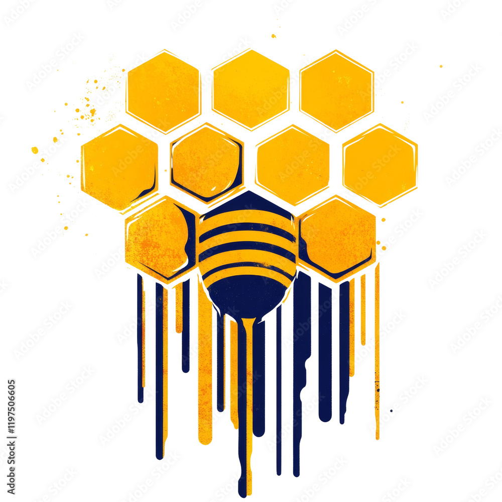 Poster an abstract image depicts a stylized honeycomb with a bee in the center dripping honey in gold and b
