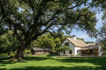 Obraz premium A delightful farmhouse sits gracefully beneath majestic oak trees, surrounded by peaceful countryside, basking in the warmth of a sunny day