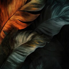Dark moody tropical leaves in orange and teal tones.