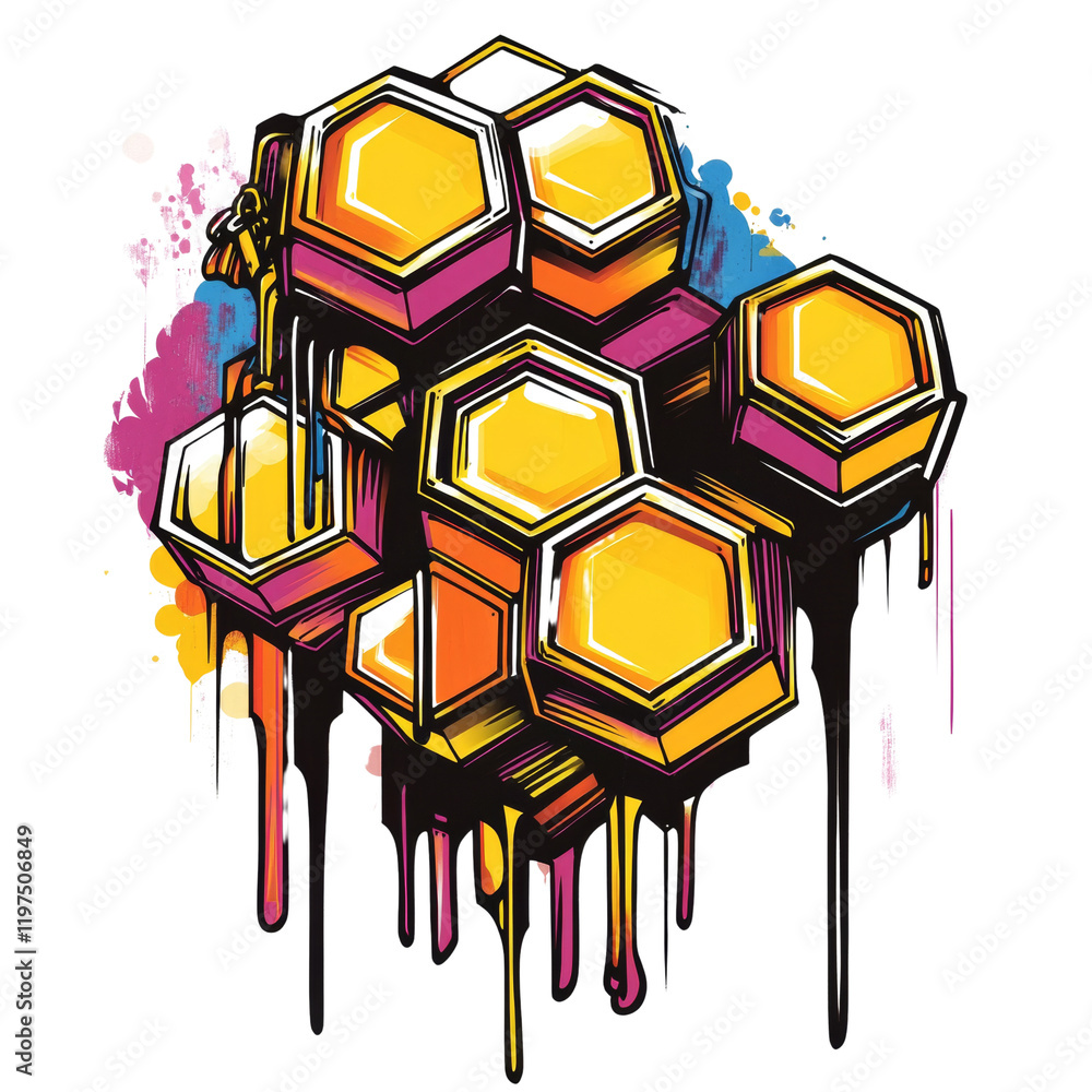 Aufkleber a stylized graphic illustration of a honeycomb structure with vibrant colors and paint dripping down